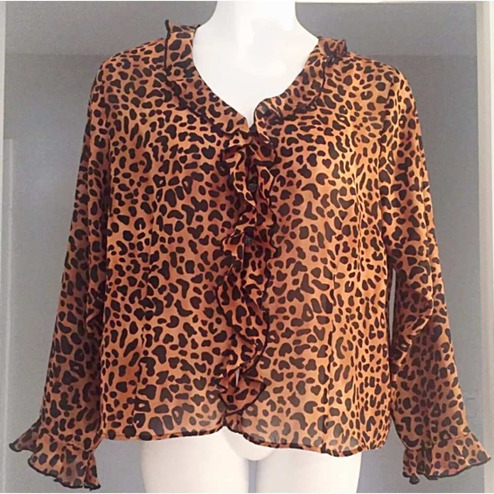 🤎 Ashley Stewart Leopard Cascading Ruffle Blouse • Size 16